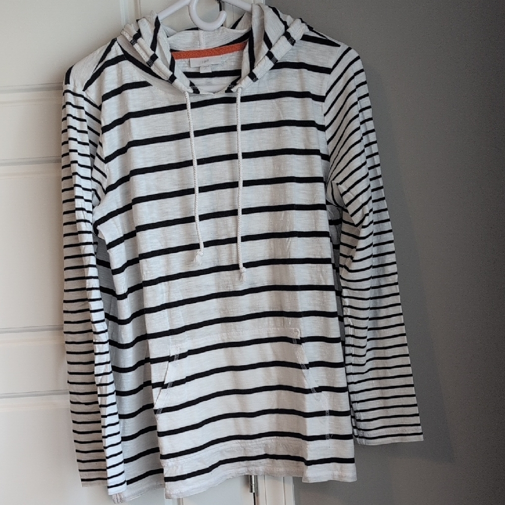 J. Jill Striped Hooded Pullover in White, Black & Orange Trim